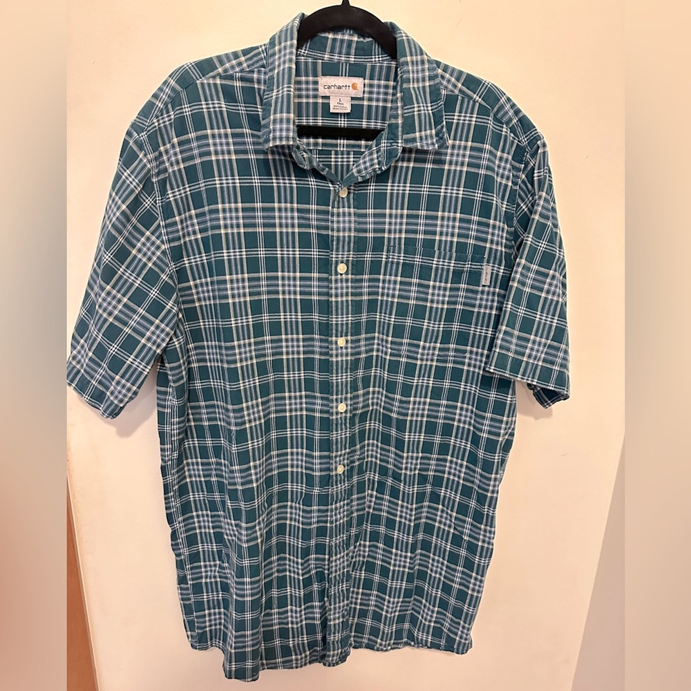 Men’s Carhartt Short Sleeve Button Down Plaid Teal